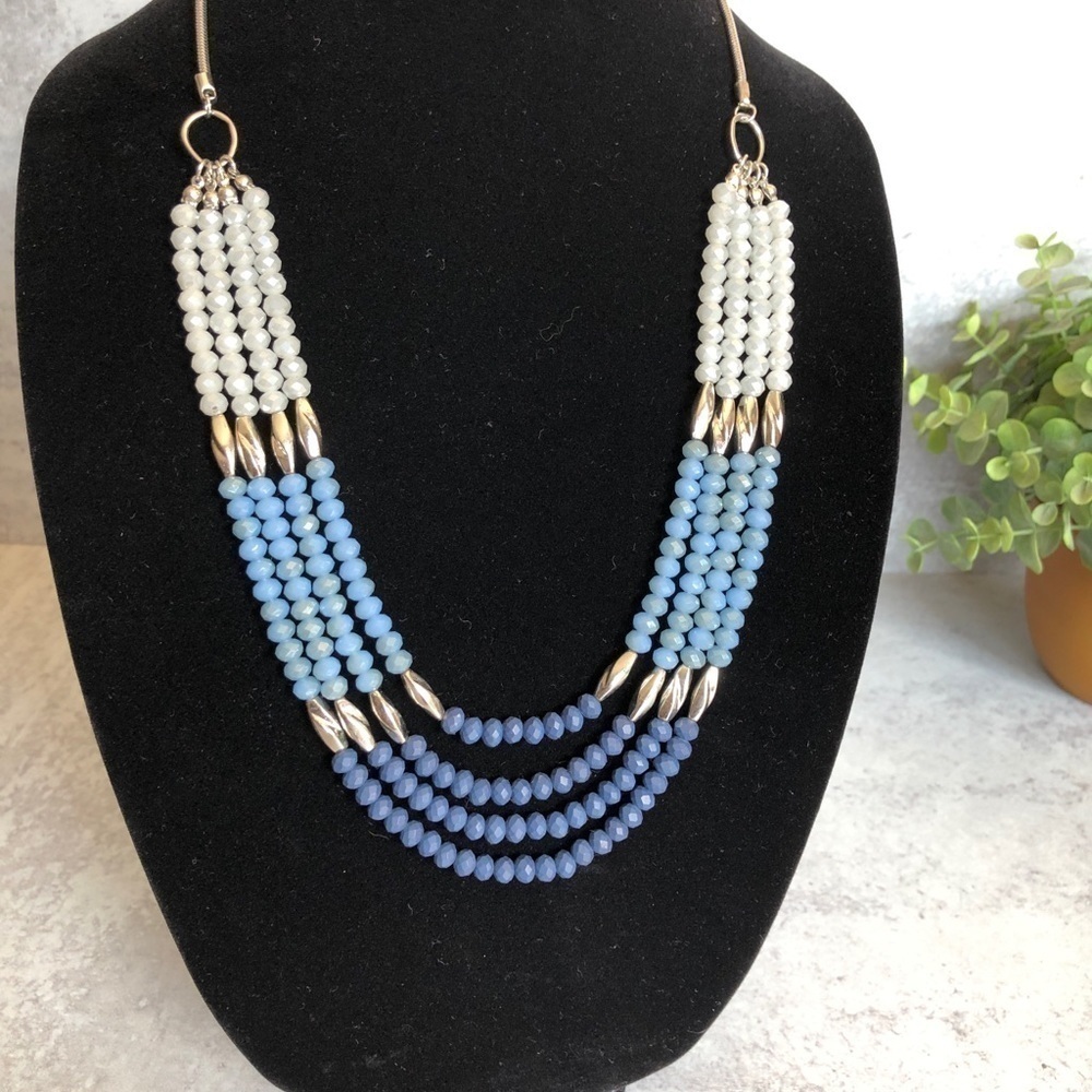 Blue Ombré Multi Strand Statement Necklace Beaded Bib